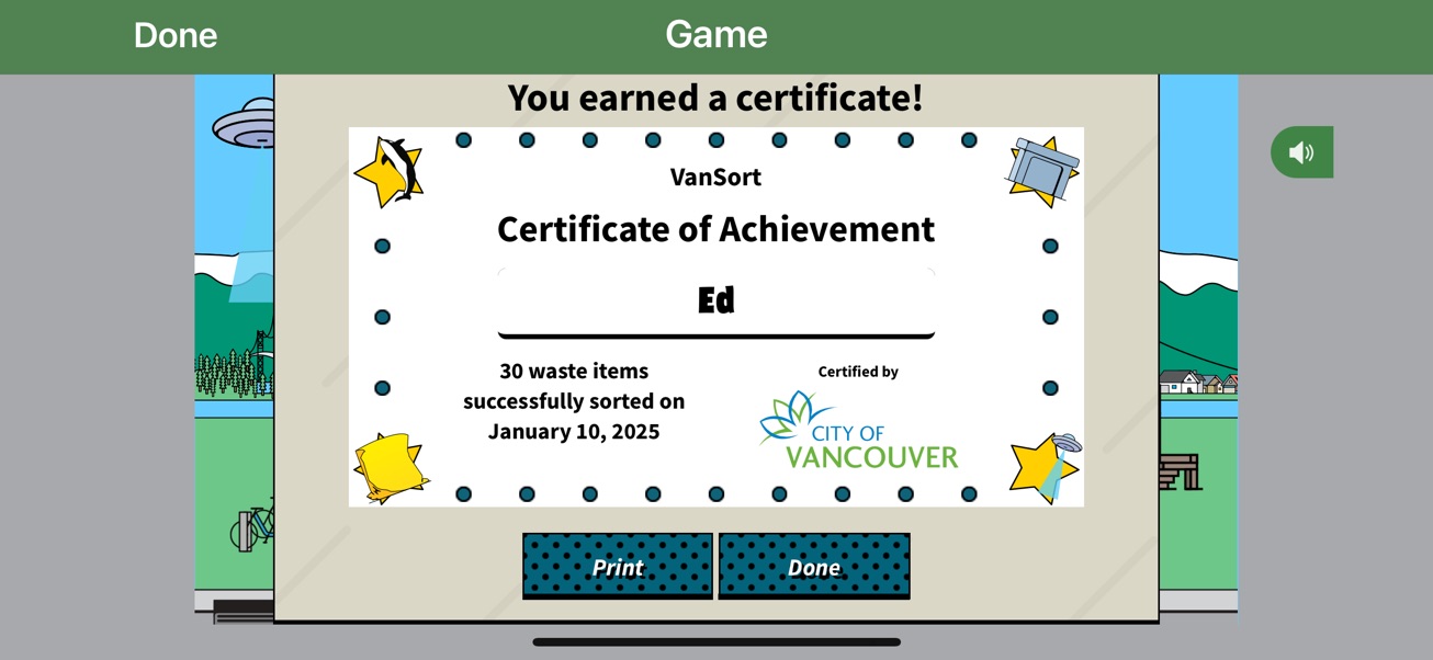 Certificate of Achievement from a mobile game made by VanSort, showing 30 waste items had been successfully sorted.